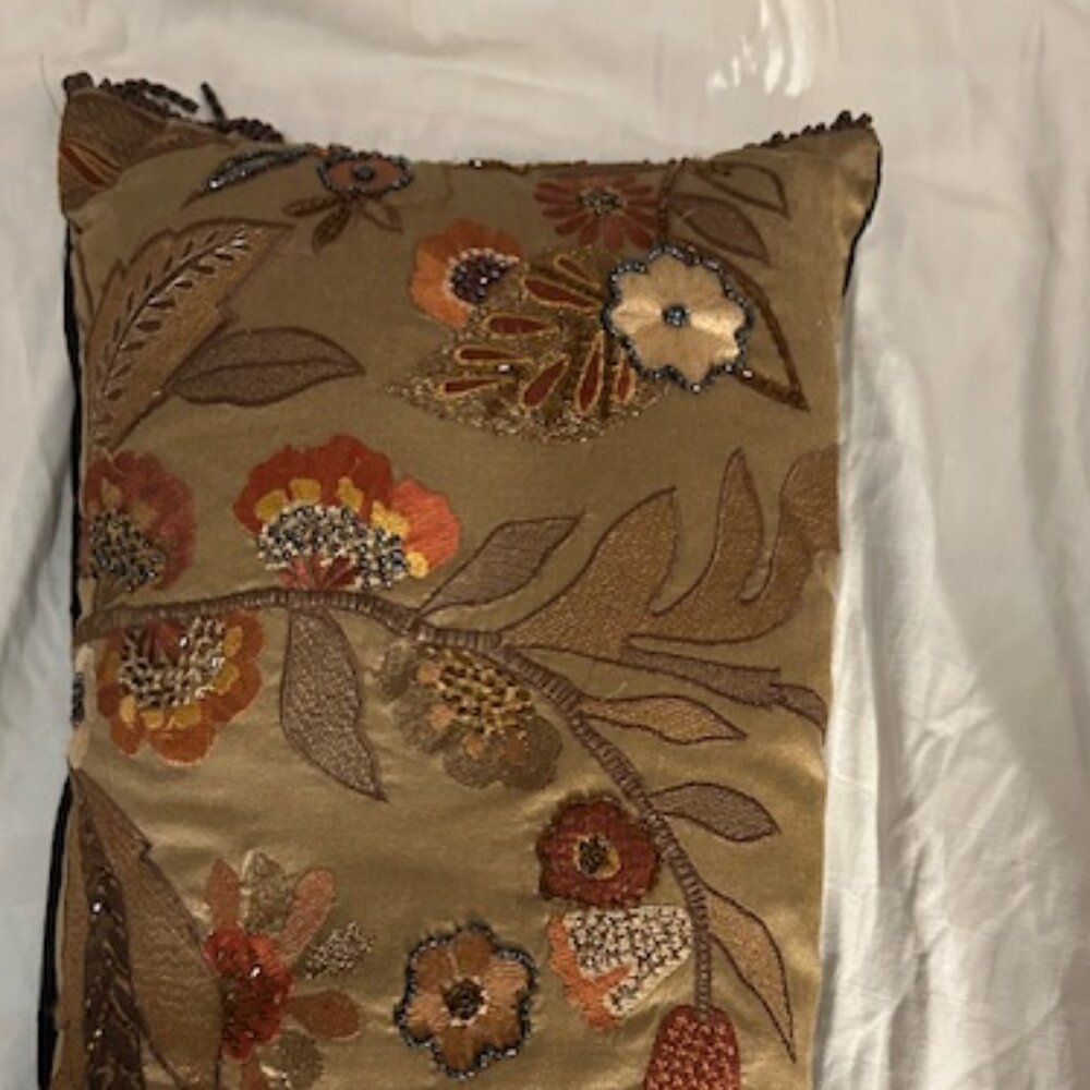 Embroidered Floral Lumbar Accent Pillow in Gold and Rust - Picture 2 of 5